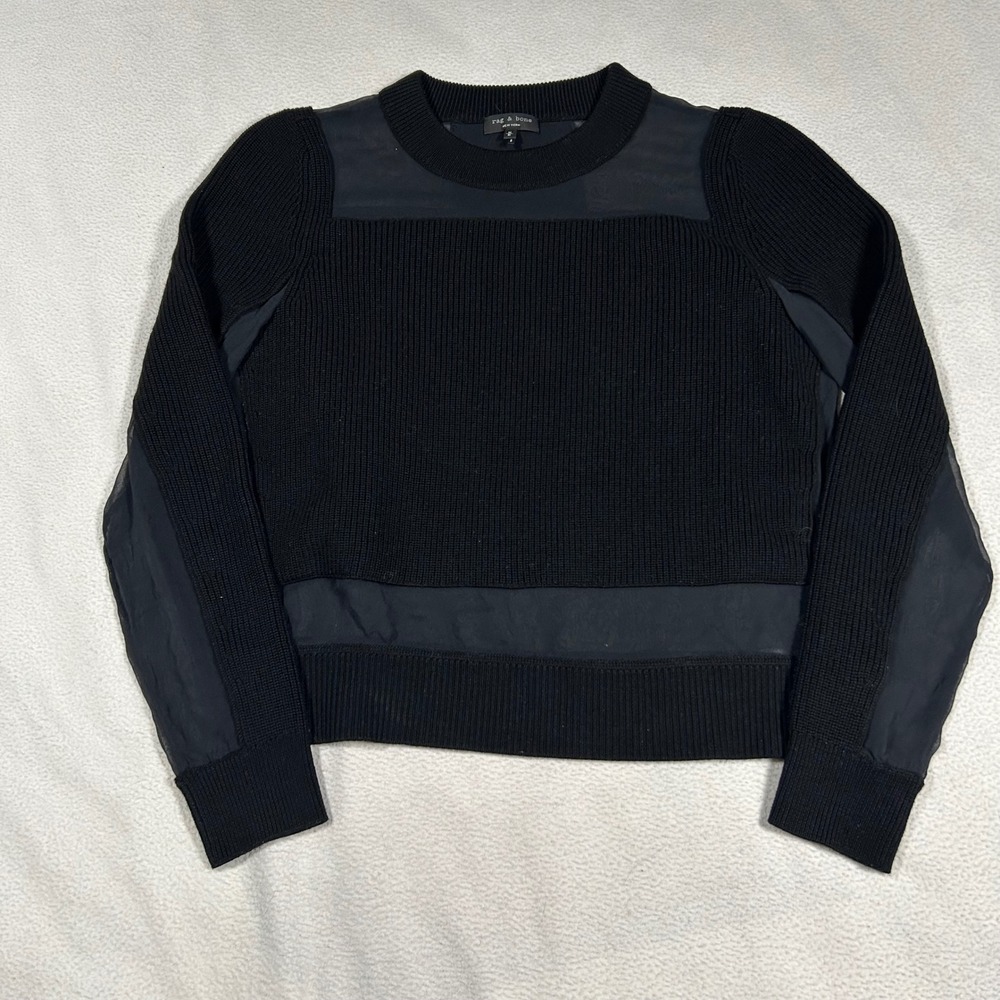 Rag & Bone Sweater Womens Medium Black Merino Wool Silk Sheer Panel Ribbed Knit